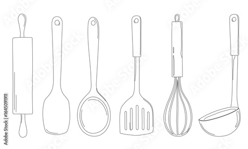 Set of kitchen tools. Simple line art. Ladle, whisk, spatula, rolling pin, wooden spoon. Hand drawn illustration vector.