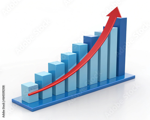 A bar graph showing an upward trend with blue bars and a red arrow indicating growth on white background created with generated ai Free Download A bar graph showing an upward trend with blue bars and a red arrow indicating growth on white background created with generated ai - GFXLoad