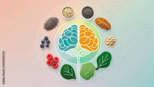 High-resolution 4K vector of fibre-rich foods forming a circular composition around glowing brain and gut illustration, soft pastel gradient, clean flat shapes, modern nutrition and wellness style.