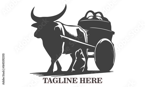 Illustration bullock cart transporting goods. Detailed black silhouette vector illustration of two oxen pulling a traditional wooden cart laden with a large basket. Old farmers day