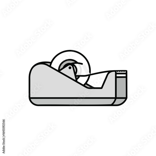 A minimalist line art illustration of a gray tape dispenser holding a roll of adhesive tape.