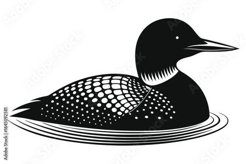 Black common loon swimming peacefully on the water in a monochrome illustration