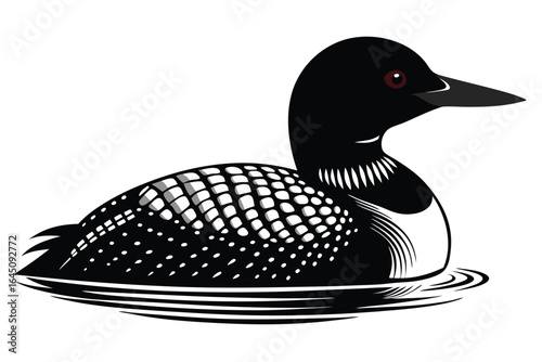 Elegant shows a common loon swimming gracefully on the water in black and white