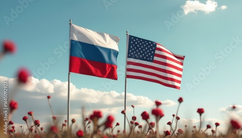 Russian and American flags waving amidst blooming flowers, representing partnership and unity