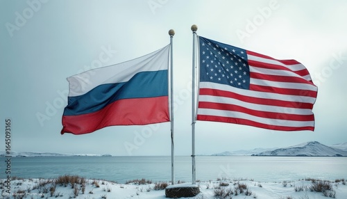 Russian and American flags standing together against a winter landscape near the water in Alaska