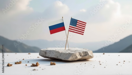 Russian and American flags positioned on a stone, symbolizing partnership amidst a serene landscape