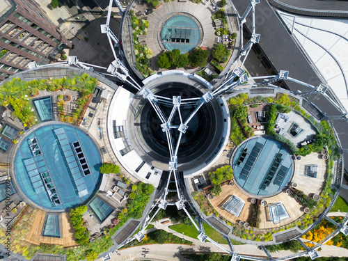 Aerial View of Circular Rooftop Gardens and Modern Architecture in London