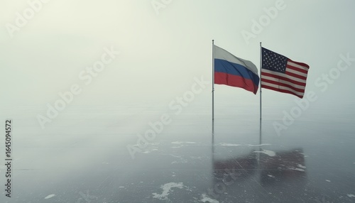 Russian and American flags standing alone in a foggy environment, symbolizing partnership and resilience with copy space