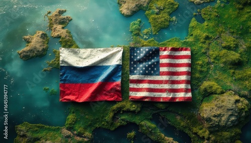 Russian and American flags displayed on a textured map of Alaska, symbolizing partnership and connection