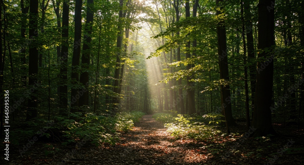 Obraz premium Sunlight Streaming Through Green Forest Landscape