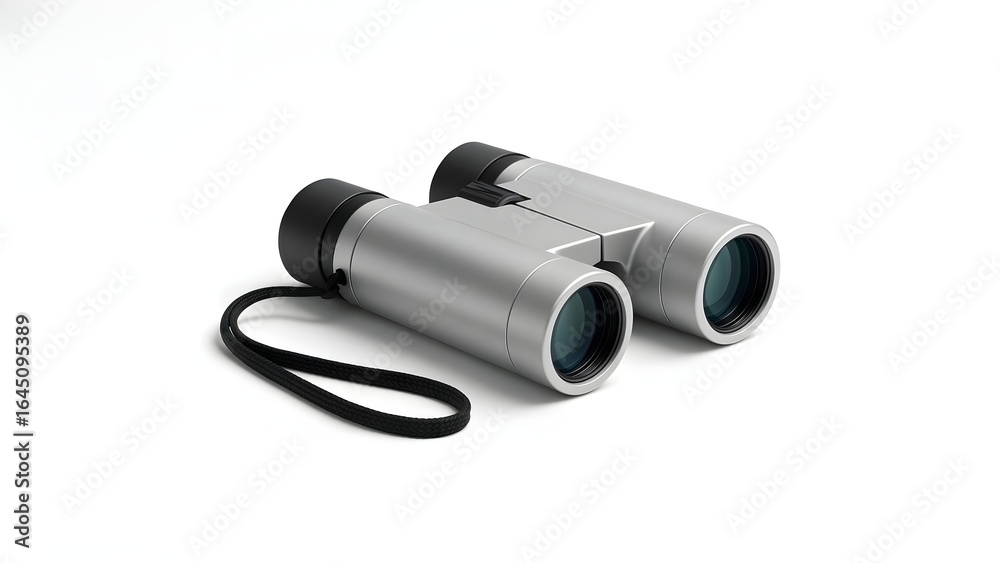 Fototapeta premium Side Profile of Sleek Travel Binoculars with Wrist Strap on White Background
