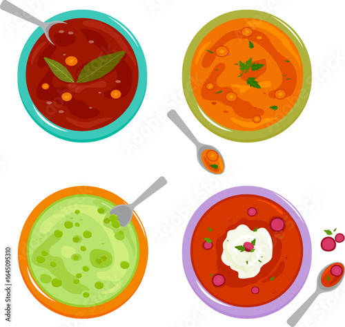 Bowls of soup with vegetables, legume, beans, green peas, Russian borscht soup and lentil soup. Top view of dishes of different types of soup.  Vector illustration set