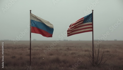 Russian and American flags standing together in a foggy field, symbolizing partnership and resilience