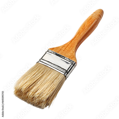 A single paint brush with a wooden handle and metal ferrule, featuring natural bristles, isolated on a clean transparent background, ready for use in painting, home improvement, or artistic endeavors