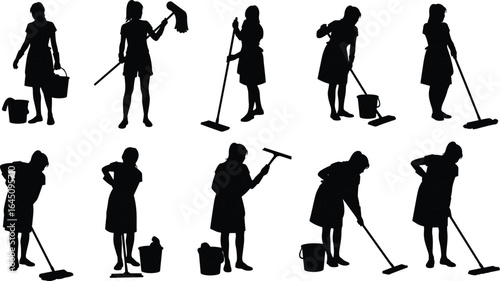 House cleaning silhouette set, maid working with mop, bucket, cleaning tools, floor scrubbing, domestic chores, janitorial service, housekeeping vector illustration