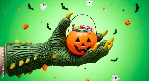 Spooky Halloween Hand Holding a Pumpkin Candy Bowl Against a Green Background
