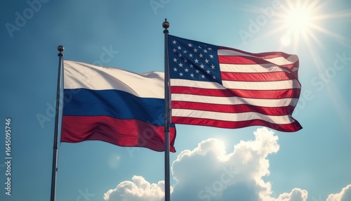 Russian and American flags waving against a bright sky, symbolizing partnership and hope