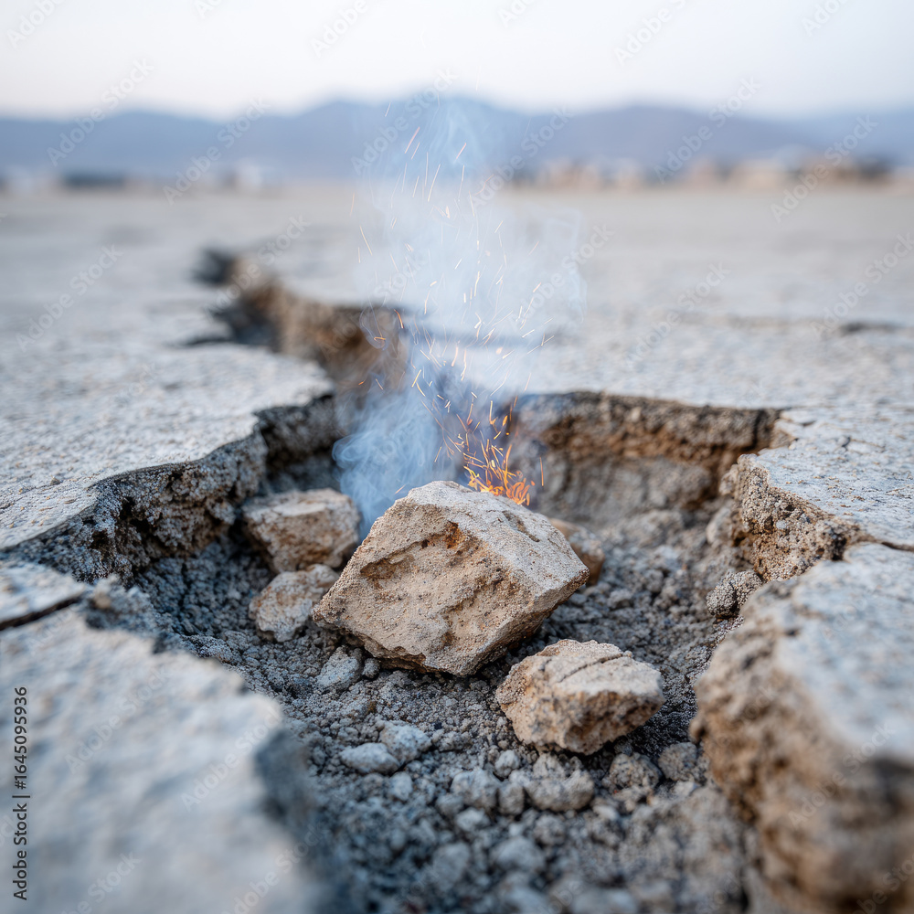 Fototapeta premium Cracked ground with smoke rising in a desolate landscape.