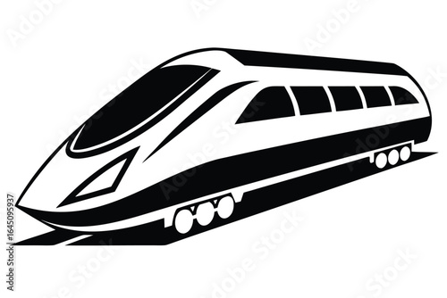 Modern monochrome streamlined train travels swiftly on the tracks, isolated on white background