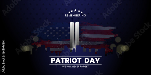 Patriot Day Background, September 11, United States flag, 911 memorial and Never Forget lettering, Vector conceptual illustration