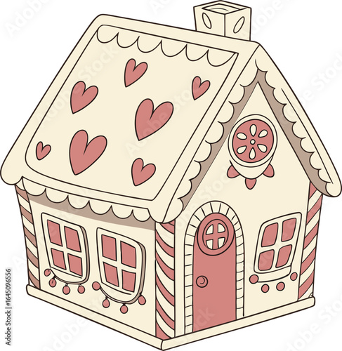 A delightful gingerbread house decorated with a Christmas tree sits on a white background, a sweet holiday dessert illustration