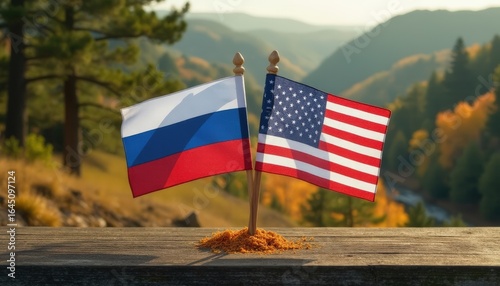 Russian and American flags planted in the ground on a wooden surface, symbolizing partnership in nature