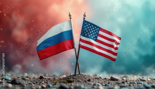 Russian and American flags on a mound of earth with a dramatic background, symbolizing partnership and resilience