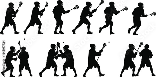 Lacrosse player silhouettes in dynamic action poses, running, passing, defending, holding lacrosse sticks, sports competition concept, black silhouettes on white background, vector