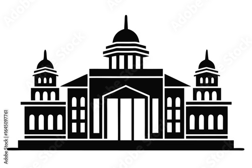 Imposing black governmental building silhouette features architectural symmetry and prominent dome on a white background