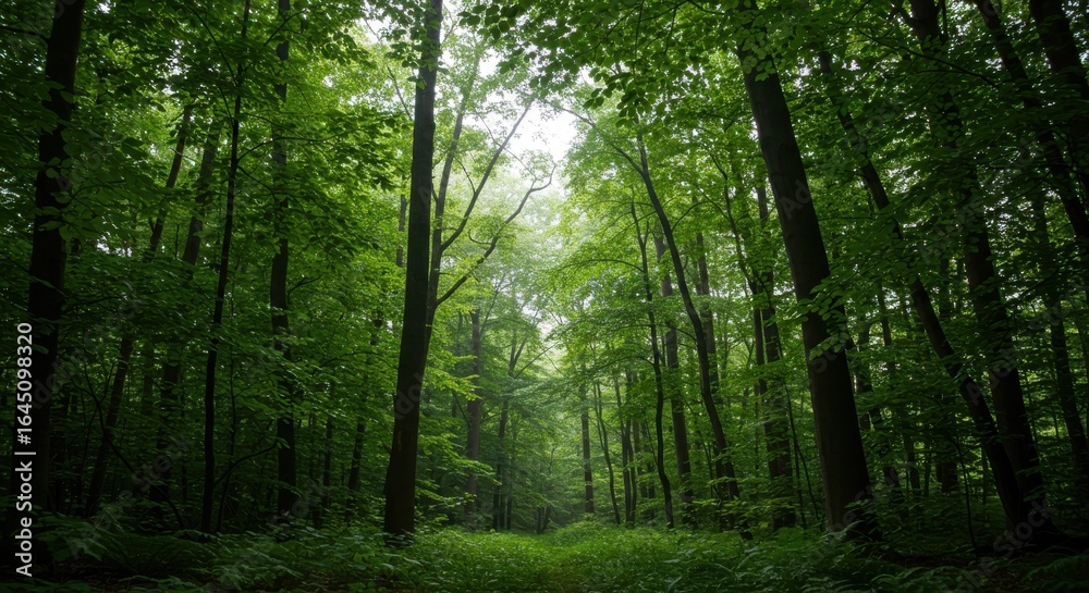 Naklejka premium Walking in Lush Green Forest with Sunlight Filtering Through Trees