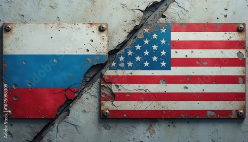 Worn Russian and American flags on rusty metal, symbolizing the resilience of partnership despite challenges