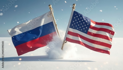 Russian and American flags standing together in snow, symbolizing partnership and hope in a winter landscape