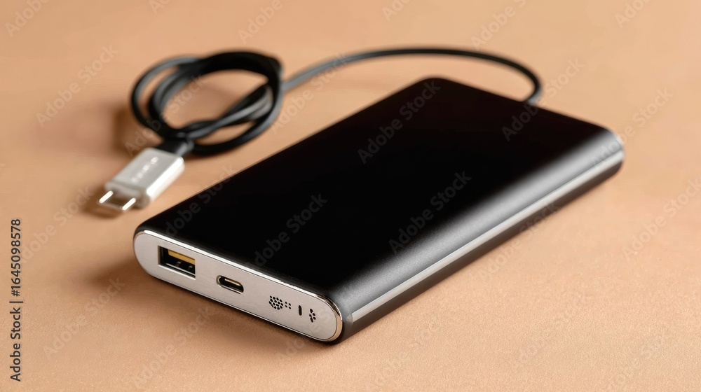 Black portable charger with cable on beige surface Black portable charger with cable on beige surface