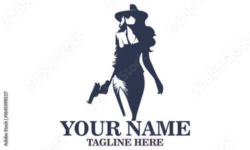 Chic spy day icon. chic spy women vector illustration and confident woman in suit and hat holding gun with determined look vector illustrasion