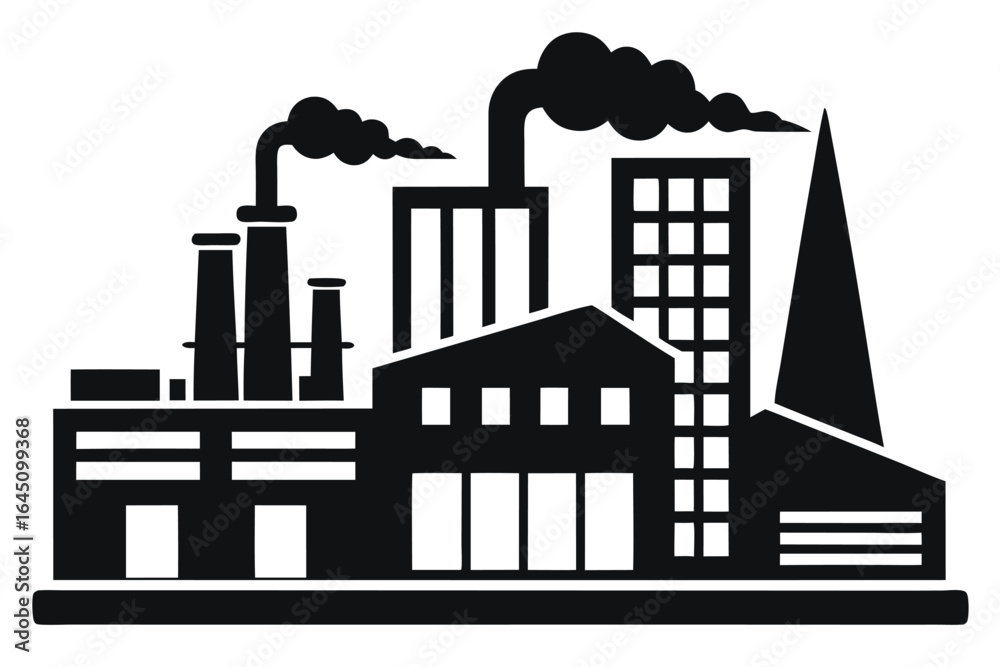 Obraz premium Black industrial complex releases smoke on a white backdrop creating a bold contrasting silhouette