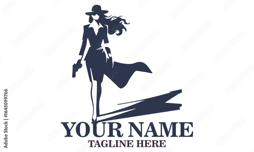 Naklejka premium Chic spy day icon. chic spy women vector illustration and confident woman in suit and hat holding gun with determined look vector illustrasion