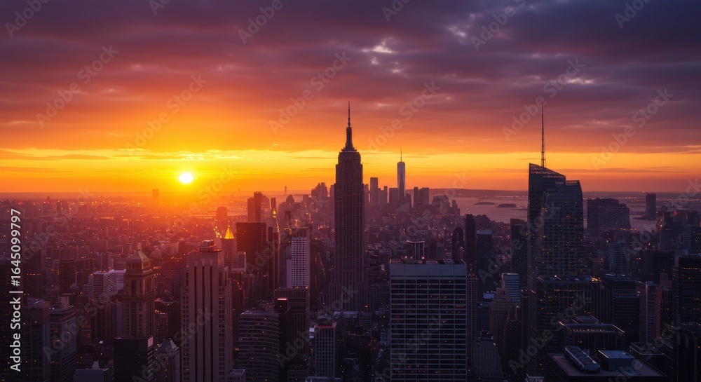 Naklejka premium City Skyline View at Sunset with Vibrant Sky and Building Silhouettes