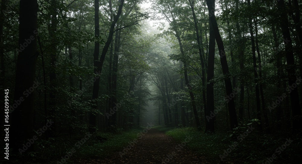 Fototapeta premium Walking Path Through a Foggy Dark Forest with Tall Trees