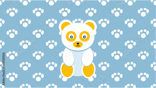A cute white bear with yellow accents sits against a light blue background with white paw prints all over