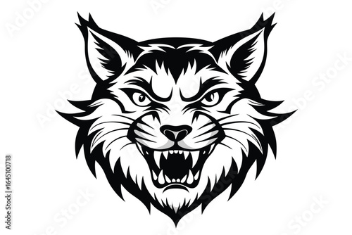 Black and white showing the ferocious wolf face snarling on a white background