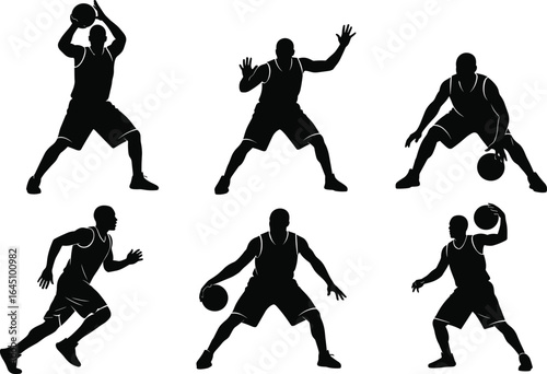 Silhouette of basketball players in action poses, dribbling, passing, defending, running, dynamic sports movements, athletic training, team game, competitive court match