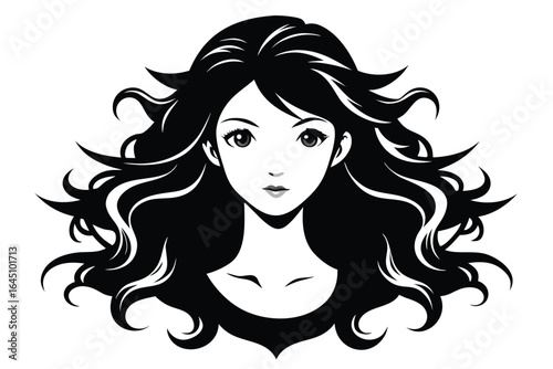 Beautiful Asian woman with flowing black hair stares forward in this stylized vector