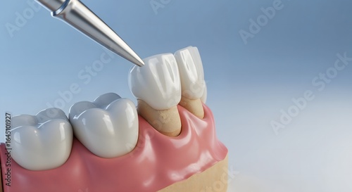 Photorealistic 3D render of zirconium dental crown placement on prepared tooth stump, showing realistic anatomy, textures, and precise fit under soft studio lighting.