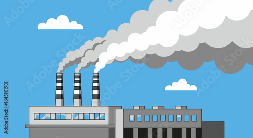 Industrial factory emitting smoke into a bright blue sky, causing air pollution