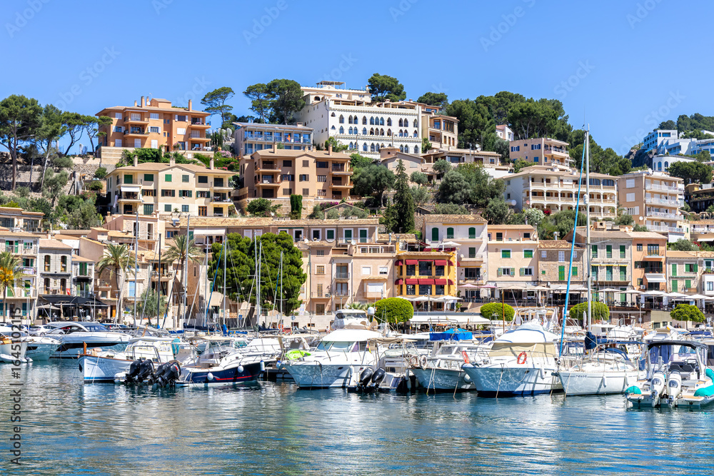 Naklejka premium Port de Soller town on Mallorca island marina with yacht boats vacation by the sea in Spain