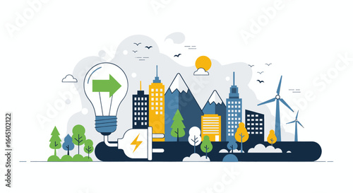 Sustainable city powered by clean energy solutions with wind turbines and sunlight