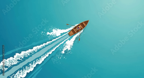 Enjoying adventure rowing boat on bright turquoise water creating white splashes