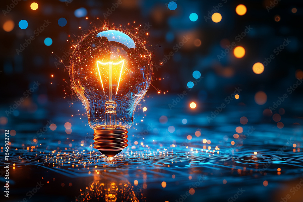 A glowing lightbulb surrounded by digital energy and data streams, a powerful concept of a technological breakthrough perfect for innovation themes A glowing lightbulb surrounded by digital energy and data streams, a powerful concept of a technological breakthrough perfect for innovation themes