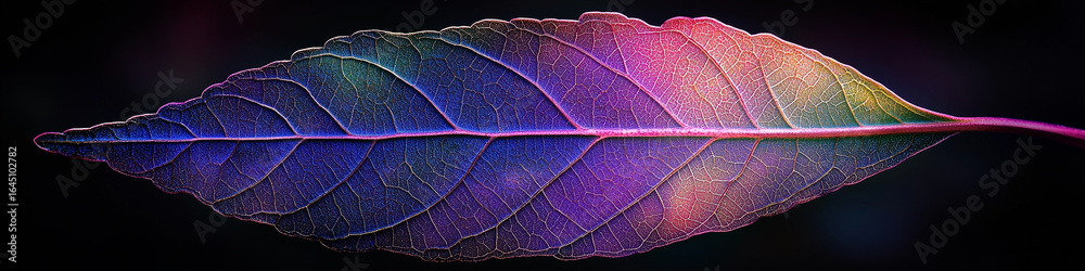 Fototapeta premium A single vibrant, iridescent leaf against a dark background, a futuristic concept of nature and technology perfect for modern, abstract banners
