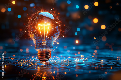 A glowing lightbulb surrounded by digital energy and data streams, a powerful concept of a technological breakthrough perfect for innovation themes
